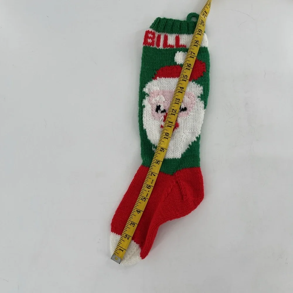 Vintage Hand‎ Knit Christmas Stocking Santa Claus St. Nick Green White 21